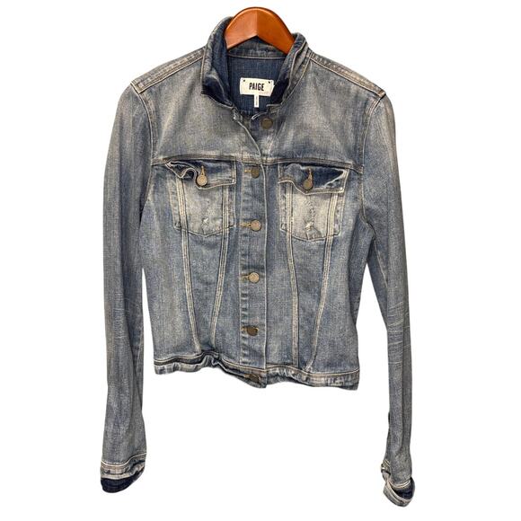 PAIGE Denim Vermont Jean Jacket Madigan Destructed Trucker Blue Faded | Size L - Picture 1 of 7